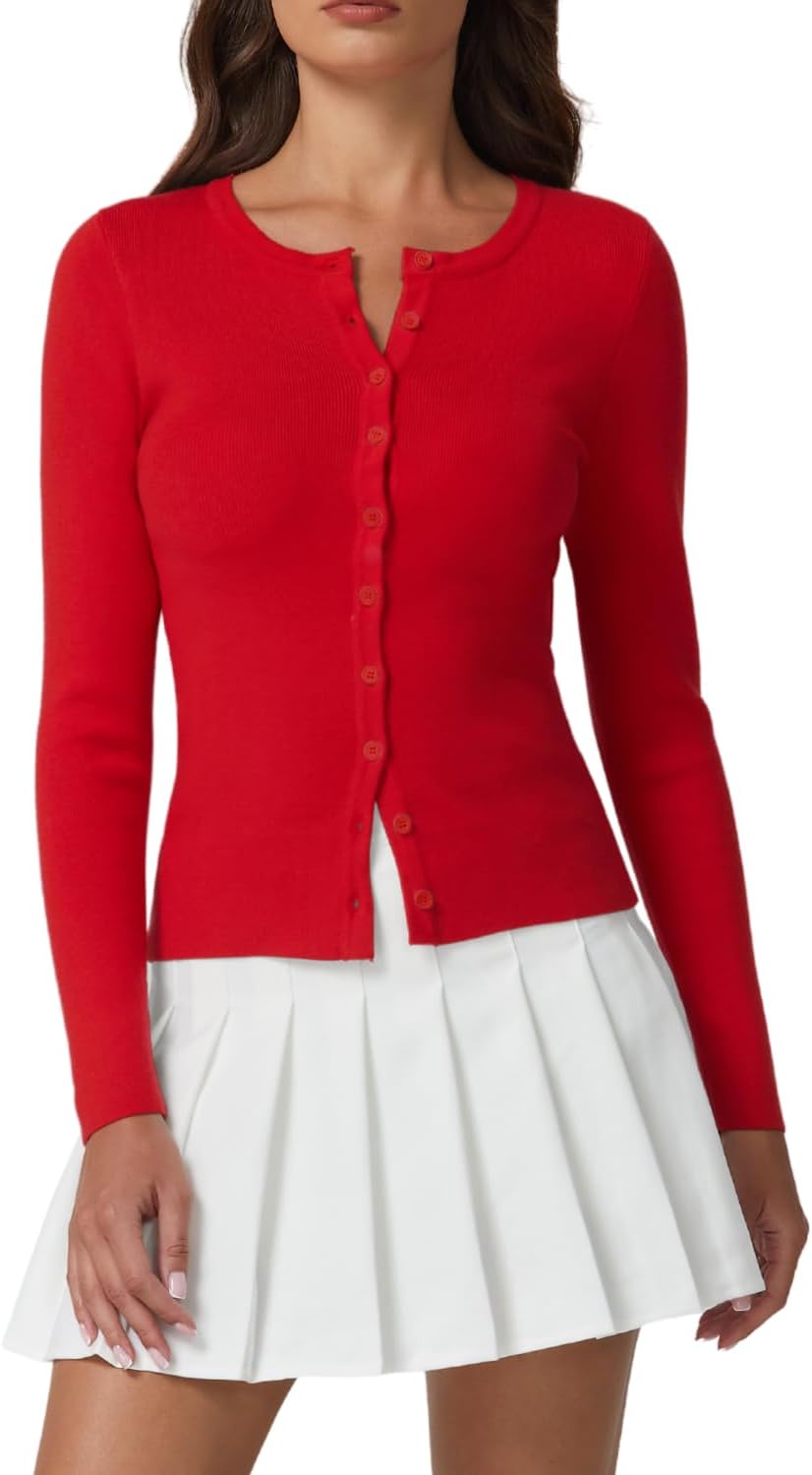 QINSEN Womens Long Sleeve Crewneck Cardigan Sweater Lightweight Button Down Knit Tops Outerwear