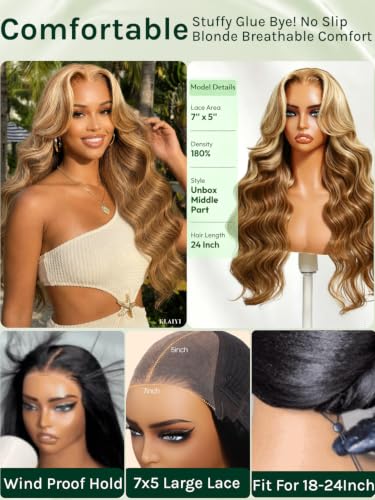 Image of KLAIYI Bye Bye Slip Ombre Highlight Honey Blonde Glueless Precut 7x5 Lace Front Loose Body Wave Wig Human Hair Drawstring Pre Plucked Bleached Knots Pre Everything 30S Ready to Wear and Go Wig 22Inch