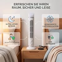 Yosoo Health Gear Turmventilator ohne Flügel, USB-Tisch-Standventilator mit 90°-Oszillation, Einstellbarer Geschwindigkeit, Geräuschloses, Kompaktes Design mit Licht für Zuhause, Schlafzimmer, (WHITE) – Ansicht 5
