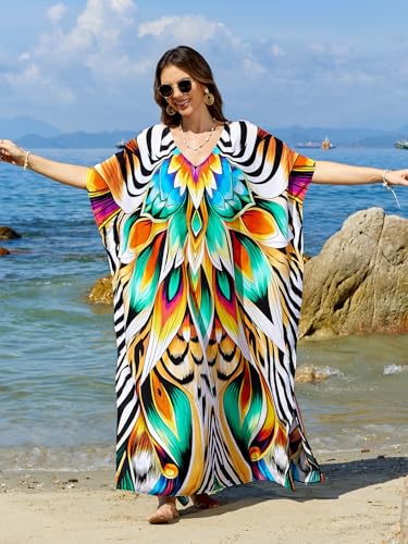 Image of sunforyou Kaftan Dresses for Women Plus Size Lightweight Swimsuit Cover up Batwing Sleeve Print Loungewear Beach Robe