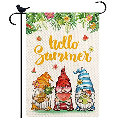 Hello Summer Floral Garden flag Lemon Sunflower Garden Flag Floral Three Gnomes 12.5×18 Inch Double Sided Outside Vertical Holiday Yard Décor