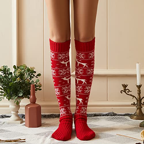 Image of Pcavin Thigh High Socks for Women Cable Knit Over the Knee Boot Socks, Long Warm Leg Warmers Winter(Red Christmas1)