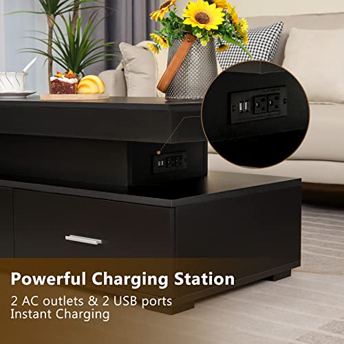 Weenfon Led Coffee Table For Living Room, Coffee Table With Lights, Charging Station, 21 Color Change, Modern, Smart 2 Tiers Tea Table, Rectangle Design, Black #TOP3