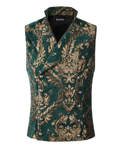 DarcChic Mens Tapestry Double-breasted Vest Waistcoat Gothic Aristocrat Steampunk Victorian (M, Green Gold)