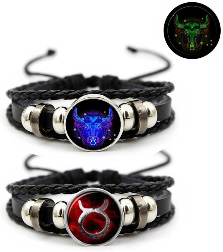 2Pcs Multilayer Constellation Zodiac Leather Bracelet Vintage Black Leather Bracelet Adjustable Handmade Woven Bracelet Birthday Jewelry Gift for Women Men