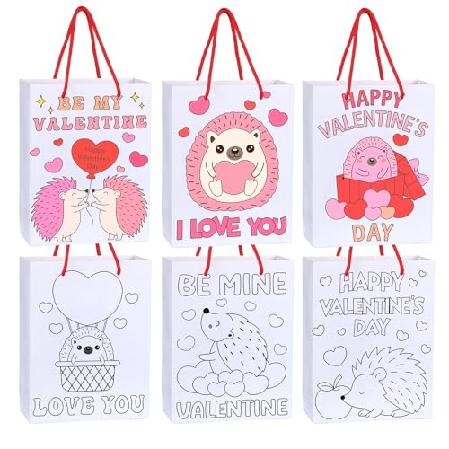 Resholder 24 Pcs Color Your Own Valentine Gift Bags with Handle Hedgehog Heart Paper Candy Goodie Bags to Paint DIY Coloring Crafts Exchange Gifts for Valentine's Day Party Favors