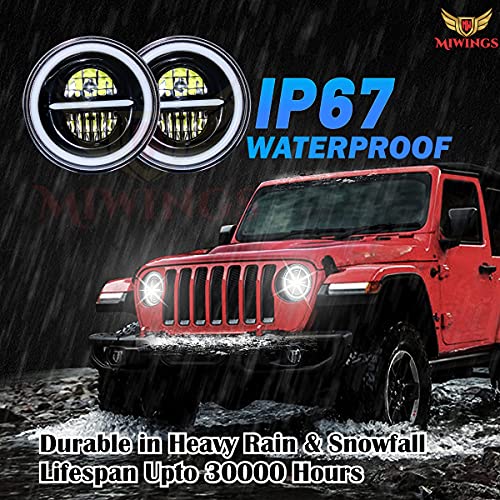 Image of Miwings Round LED Minus Style Hi /Low Beam Headlight 75W H4 Compatible with Royal Enfield, Jeep, Thar, motorcycle, Cars, Harley Davidson (Amber & White, 7 inch)
