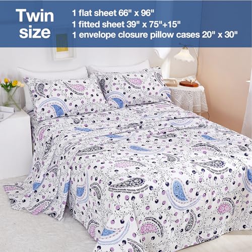 Image of JSD Vintage Paisley Floral Printed Twin Sheet Set Extra Deep Pocket | 3 Piece Soft Microfiber Sheets, OEKO-TEX Certified, Easy Care