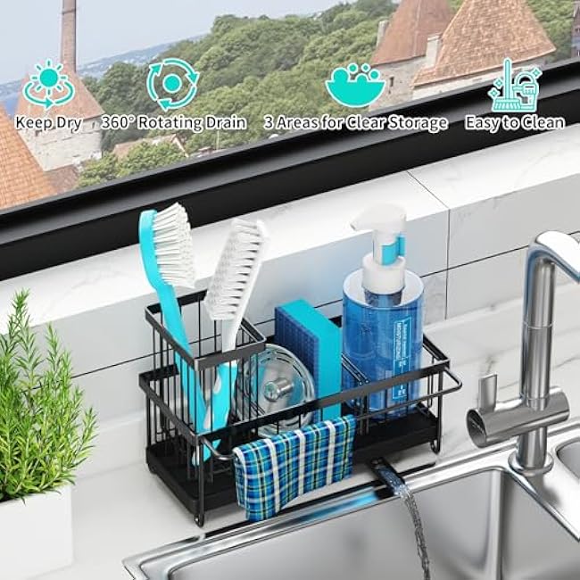 Godboat Sponge Holder, Kitchen Sink Organizer with Brush Rack, 201 Stainless Steel, Sink Caddy with Auto-Drain, 360¡ã Swivel Spout, Dish Soap Dispenser for Kitchen Sink, Cool Gadgets & Gifts for Women