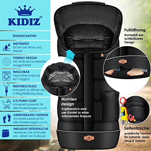 KIDIZ® Babyfußsack Baby Fußsack Winterfußsack Babyschale mit Reißverschluss Kuschelsack Babydecke waschbar Tasche passend für alle Kinderwagen Bett Wärmedecke aus Thermo-Fleece Schwarz