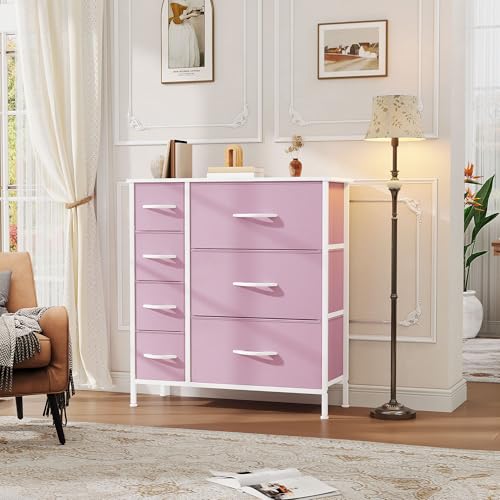 DWVO Dresser for Bedroom, 7 Drawers Fabric Dresser, Organizer Unit for Living Room, Hallway, Closets - Sturdy Steel Frame, Wooden Top & Easy Pull Fabric Bins, Pink