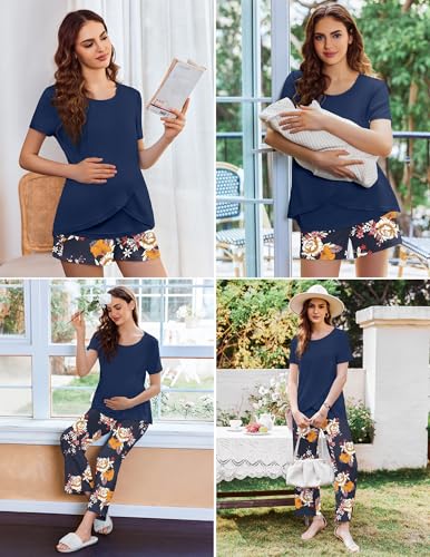Image of Ekouaer 3 PCS Maternity Nursing Pajamas Set Postpartum Breastfeeding Short Sleeve Shirts, Pregnancy Shorts & Pants Pjs S-XXL
