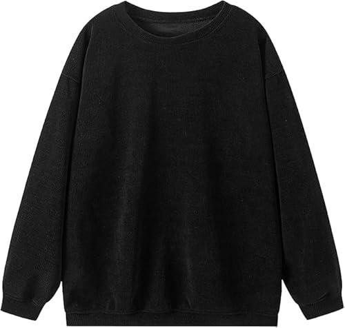 Corduroy Pullover Sweatshirt for Women Casual Crewneck Long Sleeve Sweater Trendy Going Out Tunic Top Fall Clothes (Black,Medium)