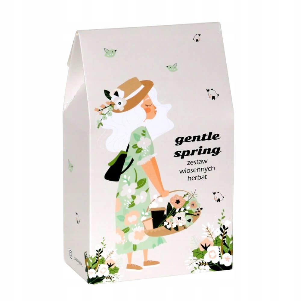 Wiosenny Box GENTLE SPRING - zestaw wiosennych herbat z zaparzaczem, biała filiżanka ze spodkiem, świeca sojowa POLE LAWENDY - na prezent upominek