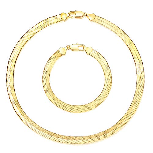 Wowshow Real Gold Plated Italian Snake Chain Necklace Flat Herringbone Choker Dainty Necklace Bracelet Set for Women 7MM 18 Inch
