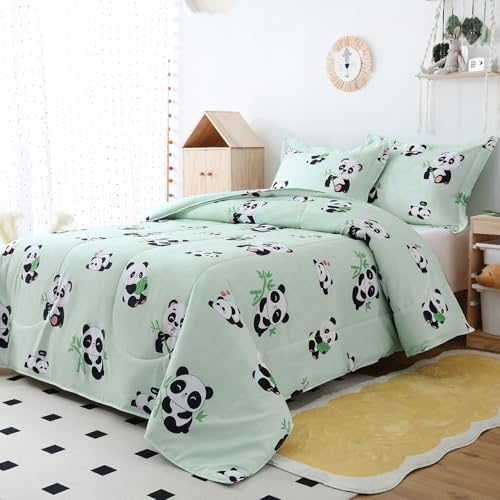 Image of Yibeizi Kids Cute Panda Comforter Full Size Sage Green Bedding Set
