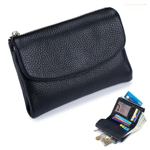 Unisex Pebble Leather Wallet, Small Wallets for Women, Short Genuine Leather Purse for Coins and Cards, Full Grain Leather Coin Purse, Coin Holder & Cash Slots (Black)