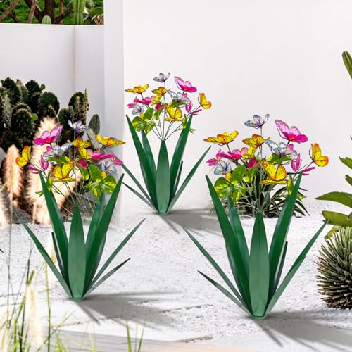 Image of TOMBABY Garden Outdoor Butterfly Enlarge Thickened Wind Resistant Metal Agave Garden Art Metal Plant Country Sculpture Statue Decorations Ornaments Artificial Waterproof Butterflies(Green 2pcs)