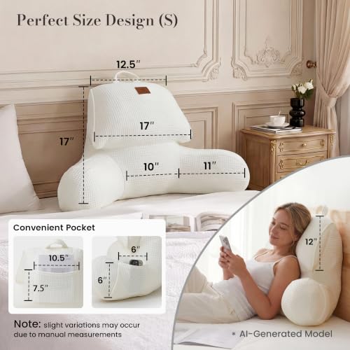 Amélie Home Cooling Reading Pillow with Arms for Adults, Breathable Waffle Fabric Bed Rest Pillow for Sitting Up, Ergonomic Back Support with Pockets for Gaming Relaxing, Ivory, 17 Inches by Amélie Home - Image 7