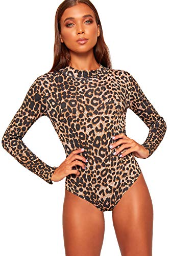 WearAll Women's Turtleneck Long Sleeve Animal Camo Tartan Print Bodysuit Ladies Leotard - Brown Leopard - 8-10