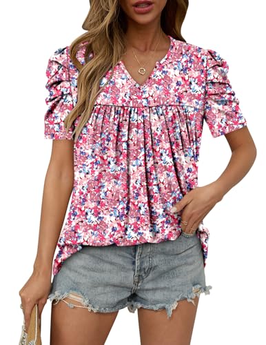 KISSMODA Tops for Womens Summer Cute Short Sleeve Shirts Trendy Notched Neck Blouses Casual Loose Pleated Tunics S-3Xl