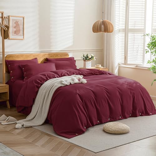 Image of JELLYMONI Cotton Duvet Cover Twin Size - Burgundy Comforter Cover with Button 100% Washed Cotton 2PCS Breathable Soft Solid Bedding Set Duvet Cover 68x90in & 1 Pillowcase (NO Comforter)