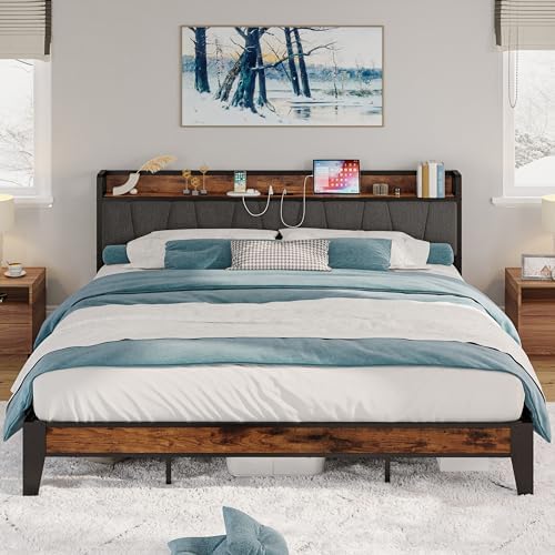 LIKIMIO California King Bed Frame with Storage Headboard & Charging Station