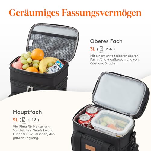 Lifewit Kühltasche Lunchtasche für Erwachsene, schwarz, isoliert, 12L/16 Dosen