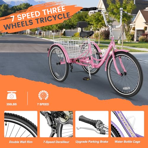 Image of Adult Tricycle, 7 Speed Adult Trike, 20 /24 /26 inch 3 Wheel Bike with Basket