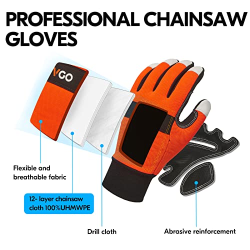 Vgo... Chainsaw Gloves 12-Layer Protection on Left Hand, Safety Forestry Work Gloves with Touchscreen in Goat Leather(XL,1Pair) - Image 3