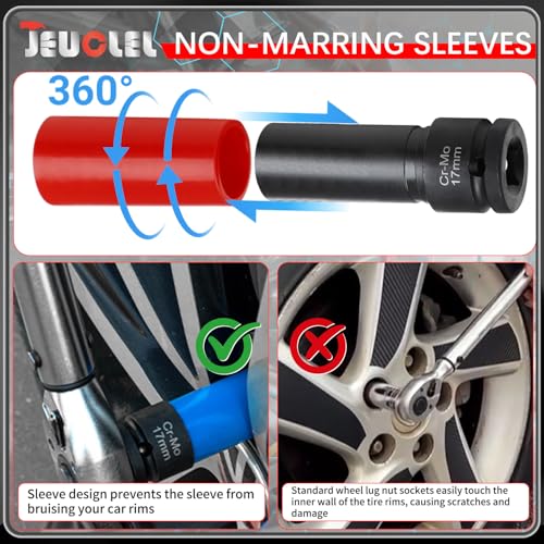 Image of 7PCS 1 /2 inch Drive Wheel Protector Impact Socket & Lug Nut Socket Set | 6 Pt, Non-Marring, Thin Wall, Wheel Protector, Damaged Nut Lock Remover, Rusted, Stripped, Screws, Stuck Locking Nut Removal