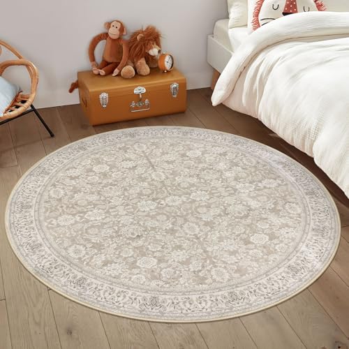 Cream Beige White Grey 5' Round Rug Washable Rug for Entryway Soft Non-Slip Area Rugs Distressed Floral Low-Pile Carpet, Neutral Vintage Circle Rugs for Living Room Dining Bedroom Foyer