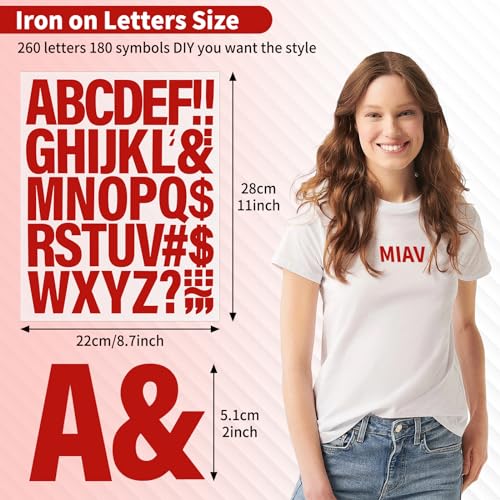 Image of 10 Sheets 440 Pieces Iron on Letters for Clothing, 2 Inch Heat Transfer Letters, Red Iron on Vinyl Letters with A-Z PU Alphabets Sticker for Fabric, Jersey T-Shirt Printing DIY Craft