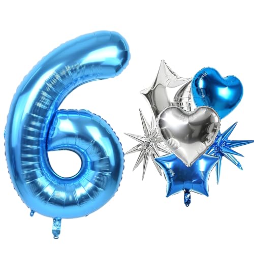Image of TONIFUL 6th Birthday Balloons Kit 40 Inch Blue Large Number 6 Foil Balloon | with 18Inch Helium Mylar Heart Star Shaped Balloons for Boy Men Birthday Anniversary Graduation New Year Eve Party Decoration