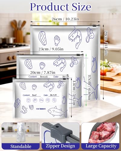 30 Pcs Reusable Aluminum Foil Storage Bags,3-Sized Stand Up Zipper Sealable Storage Pouches with Label, Aluminum Foil Freezer Bags for Food,Vegetables,Meat,Seafood,Fruit(10*S+10*M+10*L)