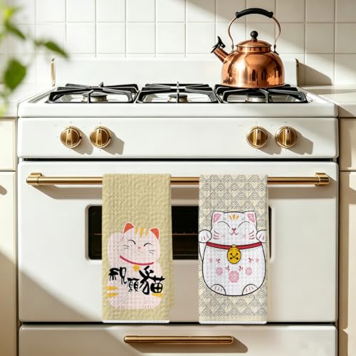 Image of 2 Pcs Japanese Lucky Cat Kitchen Towels 24x14 Inch, Maneki Neko Gifts Reusable Dish Towels for Kitchen Bathroom Decor, Waffle Weave Hand Cloth Tea Towel, Cute Cat Lover Gifts for Women Mom Friend