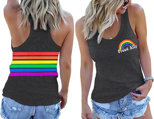 BINLANHANAT Pride LGBTQ Tank Top Women Love Heart Rainbow Flag Tshirt Lesbian Pride Top Sleeveless Graphic Vest Tee, Dark Grey-f8, Large