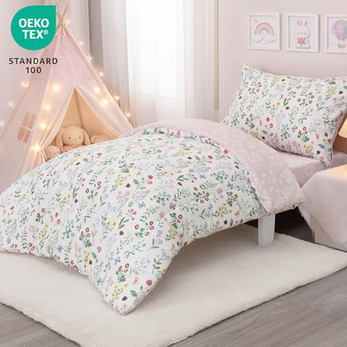 Image of david's kids 4 Piece Toddler Bedding Set - Soft Breathable Toddler Bedding Set for Boys Girls, Includes Quilted Comforter, Flat Sheet, Fitted Sheet and Pillowcase, Garden
