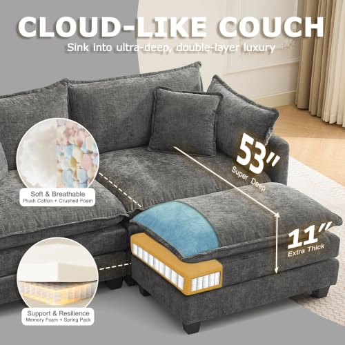 Image of 113 inch Modular Sectional Sofa, L Shaped Cloud Couch with Ottoman | Comfy Chenille Deep Seat Sofa with Throw Pillows, 4 Seat Modern Couches for Living Room Bedroom Apartment, Grey, 113 inch L