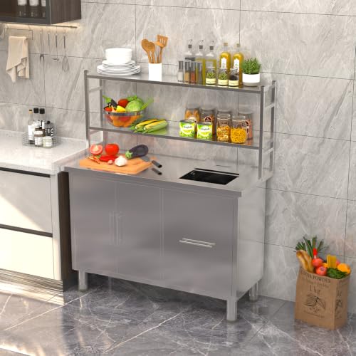 Image of Stainless Steel Prep Table with Trash Bin Cabinet, 48 inchx20 inch Commercial Kitchen Worktable with Adjustable Shelves, Storage Cabinet, Food Prep Station for Restaurant, Home and Garage