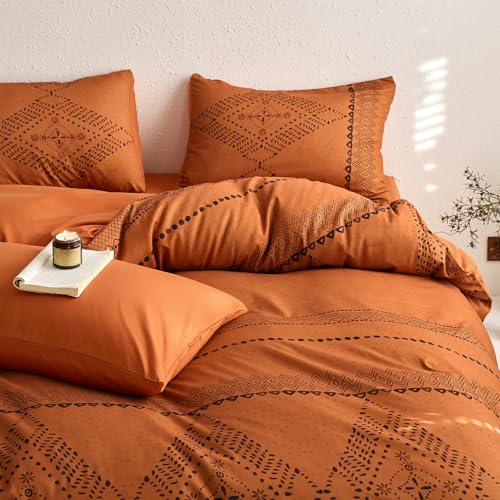 Image of Wake In Cloud - Boho Comforter Set, Farmhouse Bohemian Western Aztec Neutral Aesthetic, Soft Lightweight Bedding, 3 Pieces, Burnt Orange, Queen Size