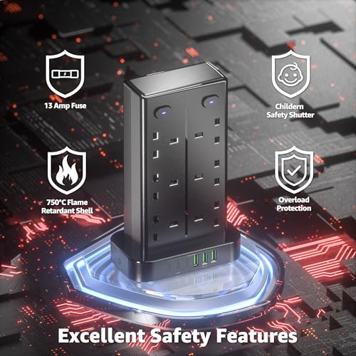 Tower Extension Lead With Usb C Slots, 12 Way Multi Plug Socket Extension With 6 Usb Ports, Overload Protected Extension Lead With 4 Switch Tower Extension Cable 1.8M For Home Kitchen Office - 5