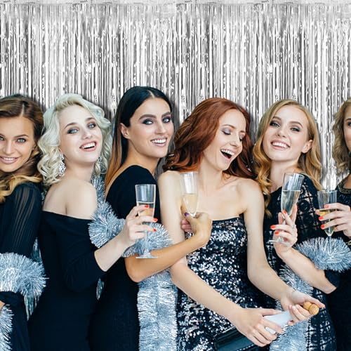 Image of 10 Pack Silver Backdrop Curtain Party Decorations Foil Fringe Backdrop Silver Tinsel Streamers Birthday Bachelorette New Year Christmas Wedding Baby Shower Disco Party Decorations