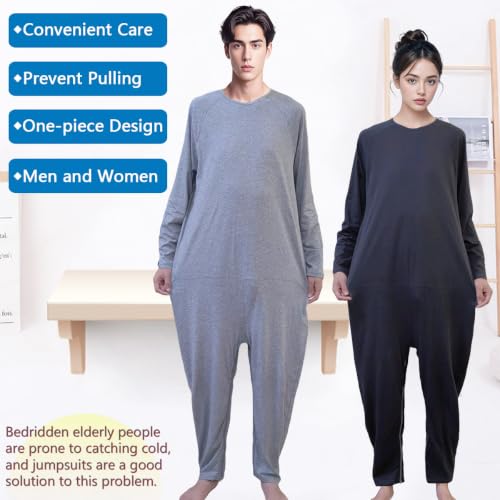 Image of Unisex Anti-Strip and Tear-resistant Adaptive Jumpsuit with Back and Leg Zipper,One-piece Long-sleeved Trousers,Suitable for Seniors,Incontinence Care,Dementia,Alzheimer's Patients(Black XL)