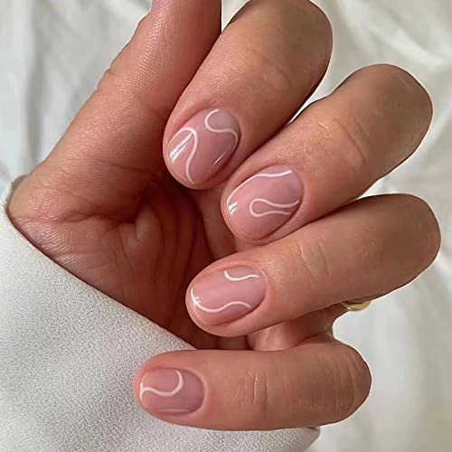Misud Squoval Press On Nails Square Short Fake Nails Pink Acrylic Nails Glossy Glue On Nails Artificial False Nails With Simple White Line Designs 24 Pcs #TOP11
