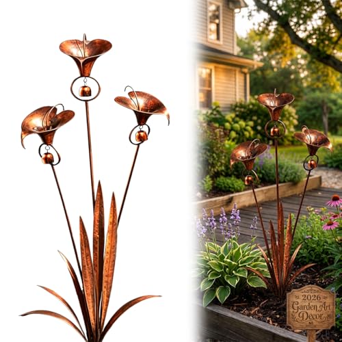 2026 Flamed Copper Three Calla Lilies Garden Stake with Bells Handmade Metal Flower Rain Catcher Art Decor Weatherproof Outdoor Yard Sculpture for Lawn Patio and Pathway Decoration