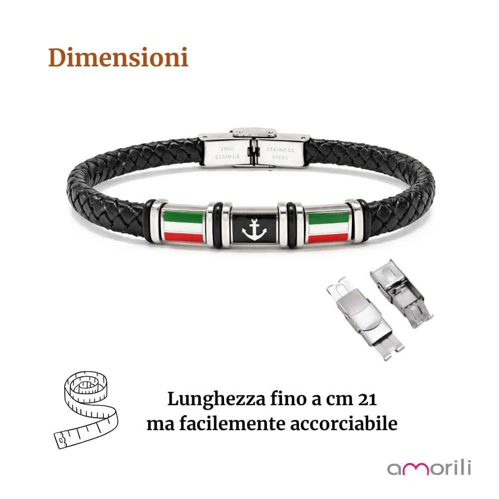 Bracciale Ancora Uomo con Bandiera Italiana in Acciaio Inox e Pelle Intrecciata – Gioiello Maschile Stile Nautico – Accessorio Resistente – Idea Regalo Uomo
