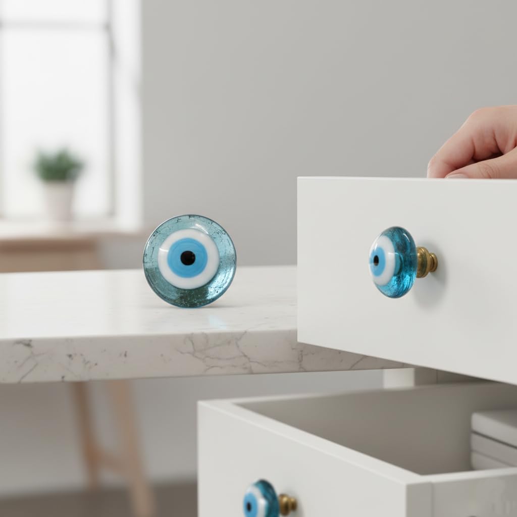 Evil Eye Glass Cabinet Knobs, Handmade Premium Glass with Solid Brass Fitting, Decorative Drawer Knobs, Warbrobe Knobs, Drawer Pulls for Kitchen, Bedroom, Bathroom Furniture (Set of 6)