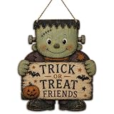 Trick or Treat Halloween Hanging Sign for Front Door, Frankenstein Wooden Door Hanger, Vintage Farmhouse Halloween Wall Decor for Porch Entryway Indoor Outdoor Decor (B04)