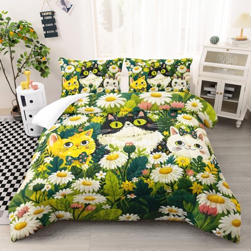Image of AILONEN Daisy Cat Comforter Full 3 Piece Bedding Set Tuxedo Ginger Kitten Floral Field Meadow Quilt Teens Girls Aesthetic Botanical Room Decor Soft Pet Animal Coverlet